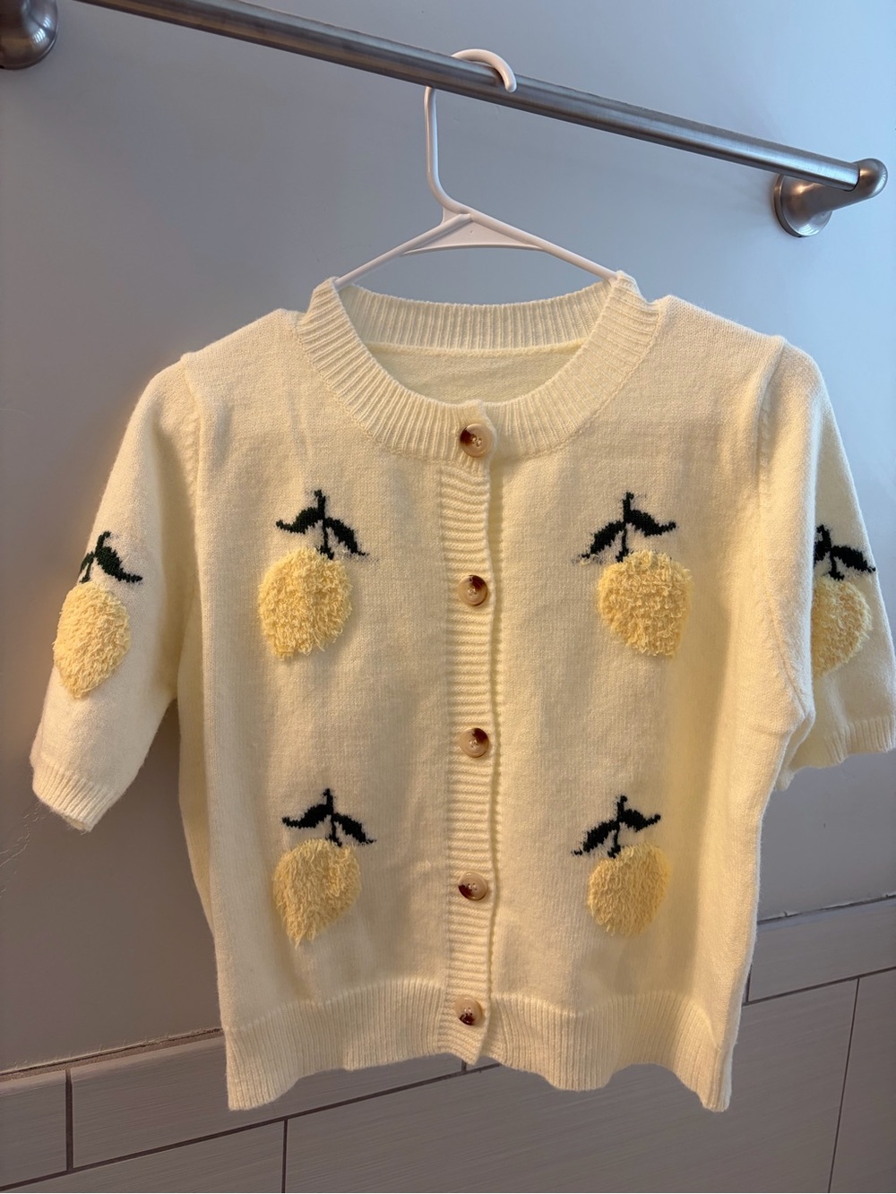 Lemon Motif Short Sleeve Cardigan - Pale Yellow